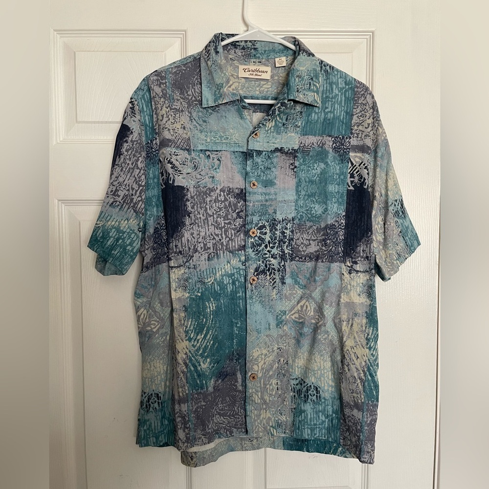 Caribbean Silk Blend Mens M Teal and Gray Patchwork Short-Sleeve Button-Up Shirt
